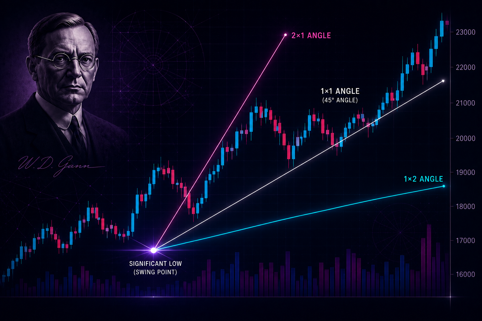 Gann angles chart with 1x1, 1x2, and 2x1 angles